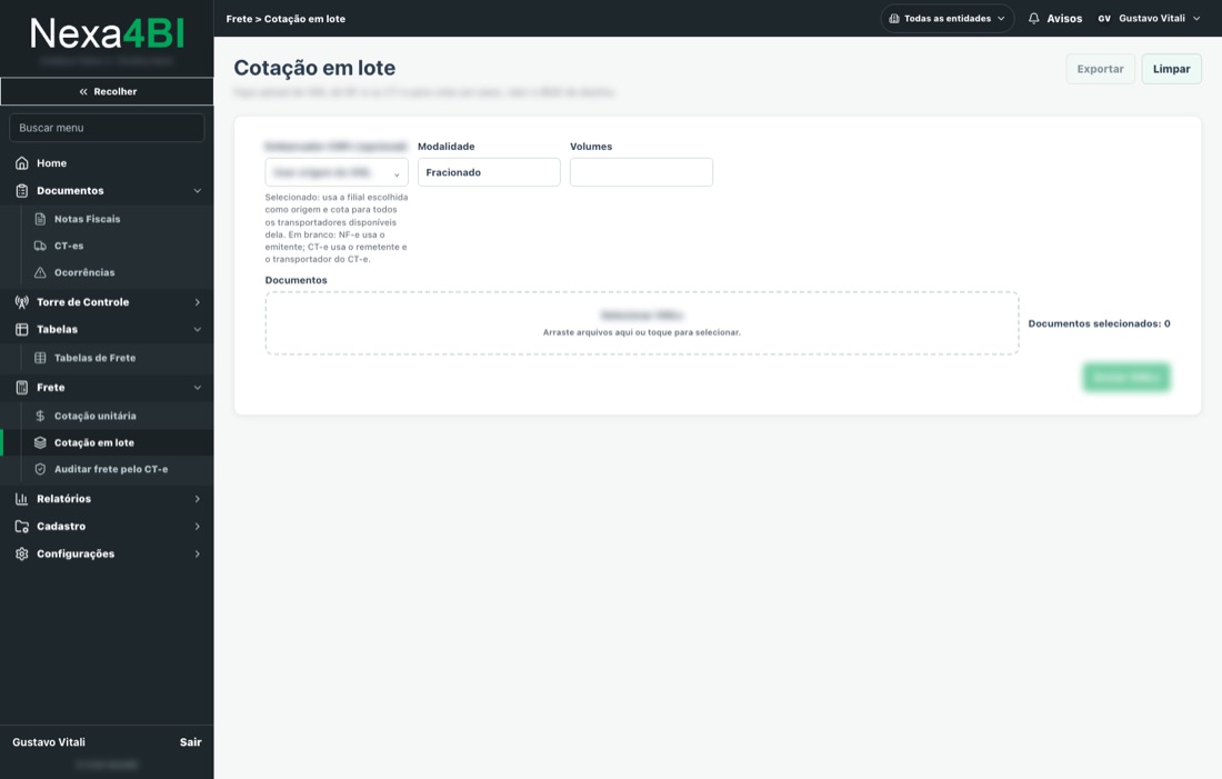 Tela de Cotação em lote do Nexa4BI
