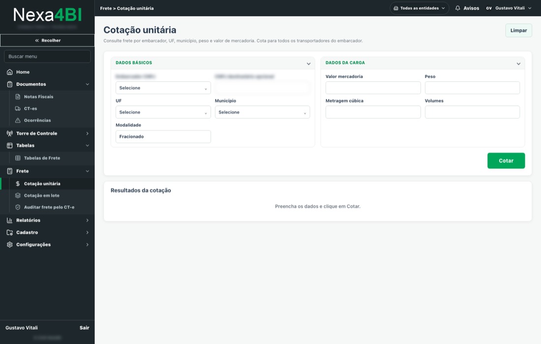Tela de Cotação unitária do Nexa4BI