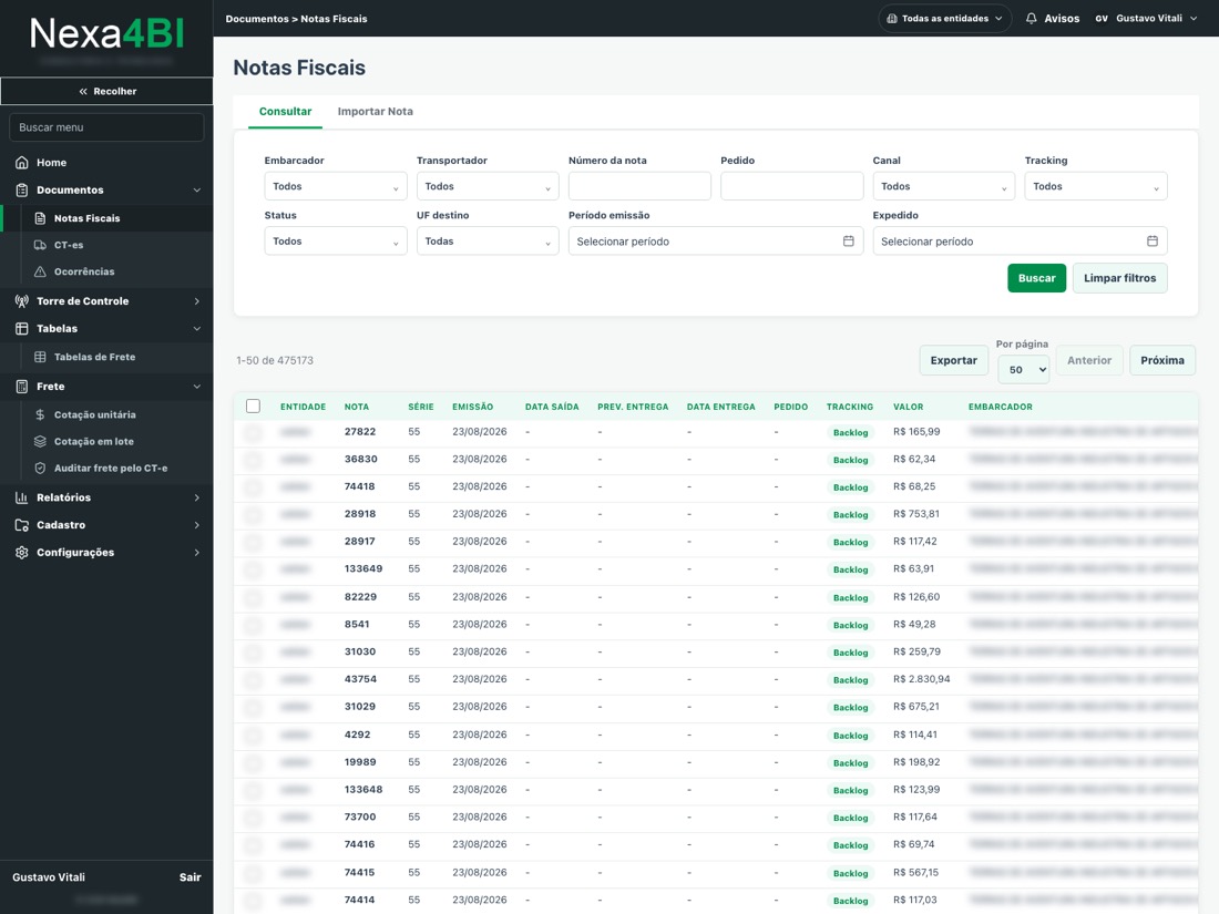 Tela de Notas Fiscais do Nexa4BI